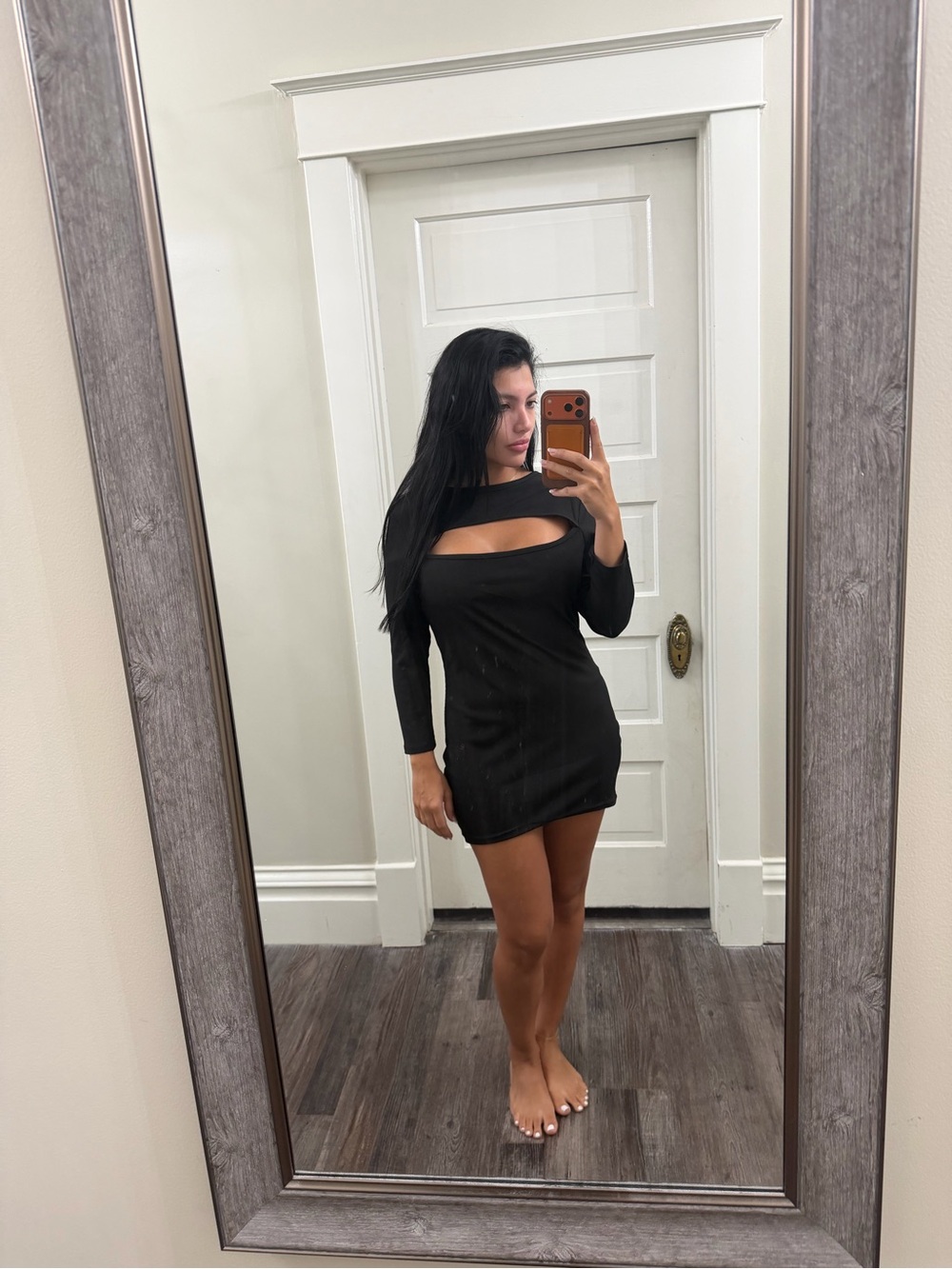 Black Long Sleeve Cutout Back Mini Dress Size Medium Petite and Large Regular